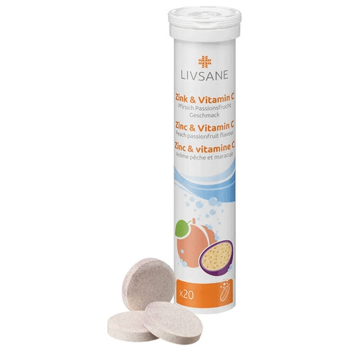 Livsane Zinok a vitamín C broskyňa múčenka 20 šumivých tabliet